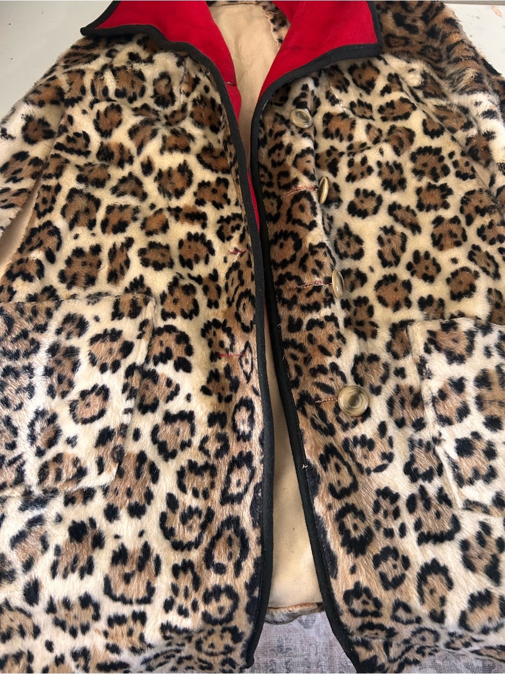 Leopard Print Faux Fur Cape with Red wool Collar